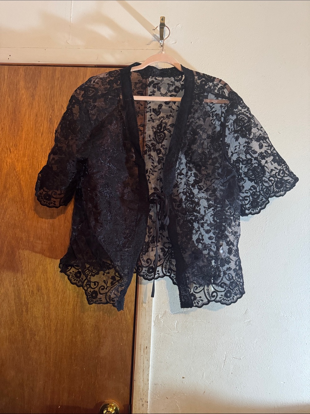 SHEIN Black Lace Sheer Short Sleeve Kimono Cardigan